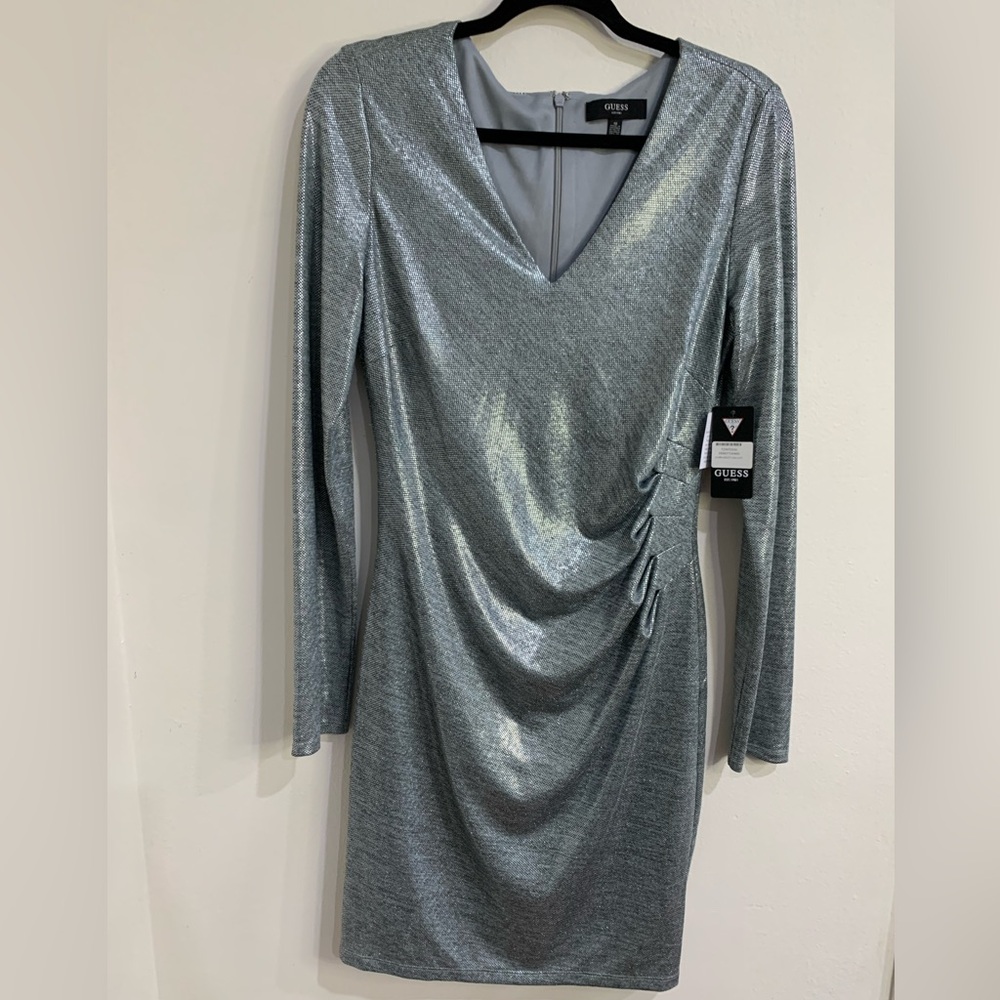 Guess Metallic Silver Long Sleeve Dress Size 10 Evening Bodycon